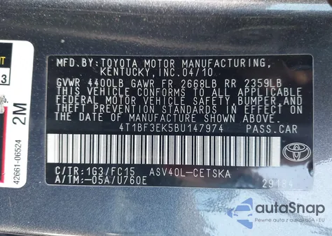 2011 Toyota Camry Se from USA, damaged, VIN 4T1BF3EK5BU147974